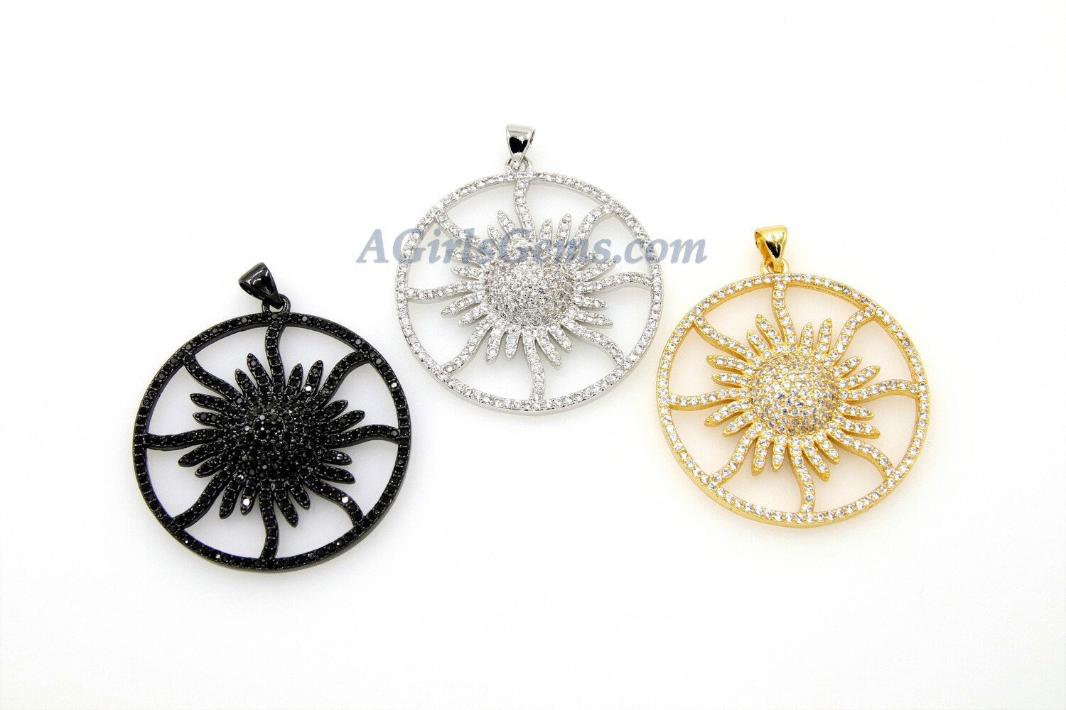 Star Charm Pendant, CZ Black Pave Flower Charms, Round Disc Starburst Pendants