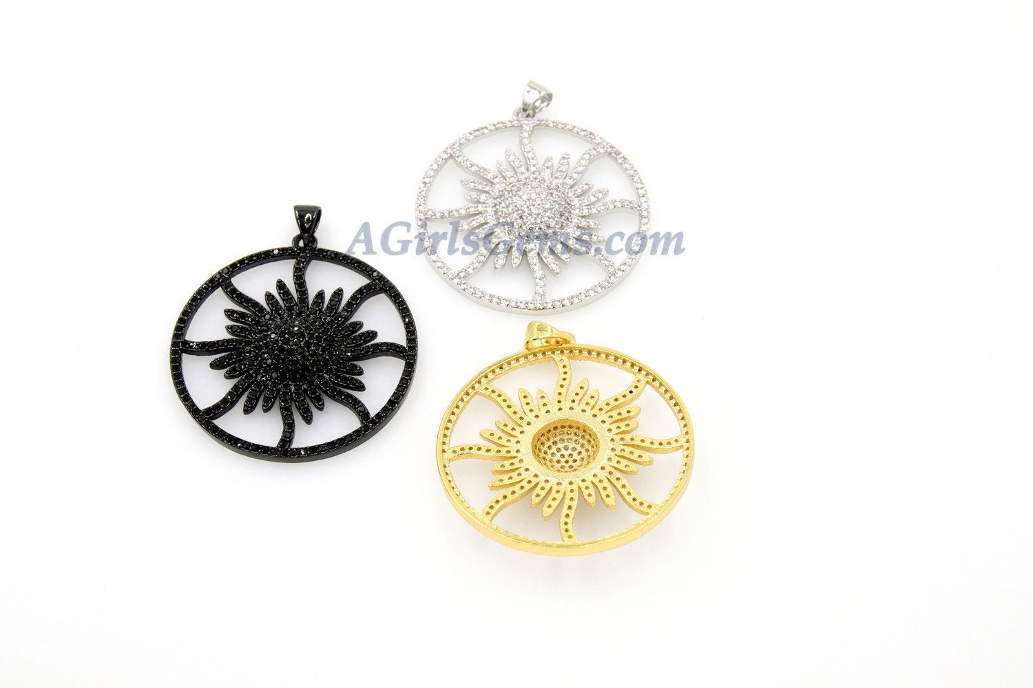 Star Charm Pendants, CZ Black Blue Turquoise Round Evil Eye Pendants #2103, Pave Starburst