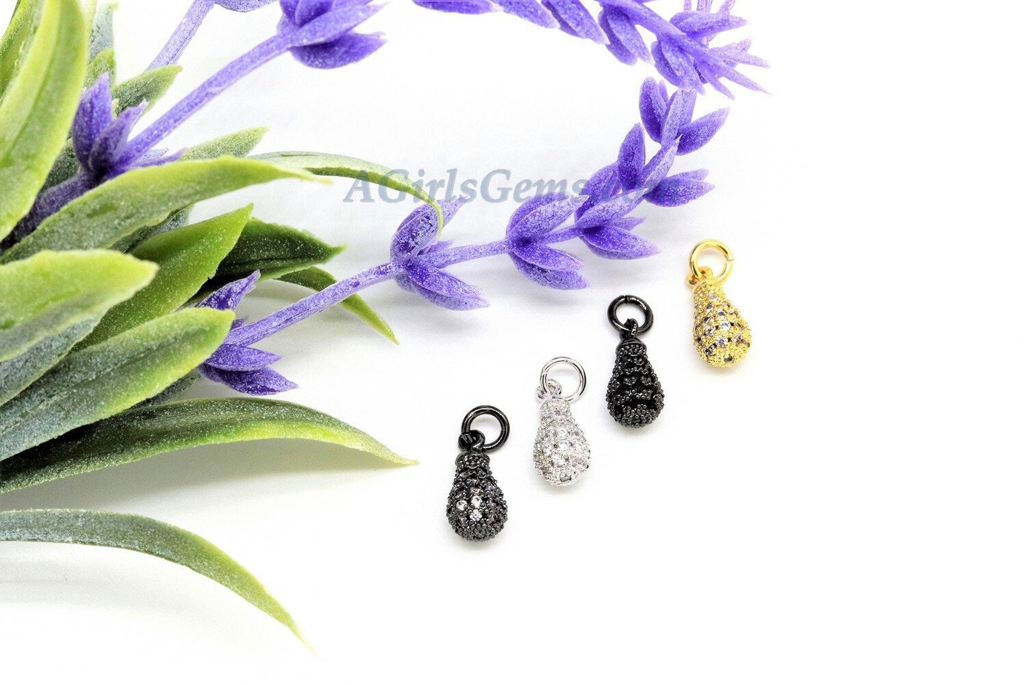 CZ Micro Pave Teardrop Charm, 6 x 13 mm Dangle Charm #64, CZ Black Pave