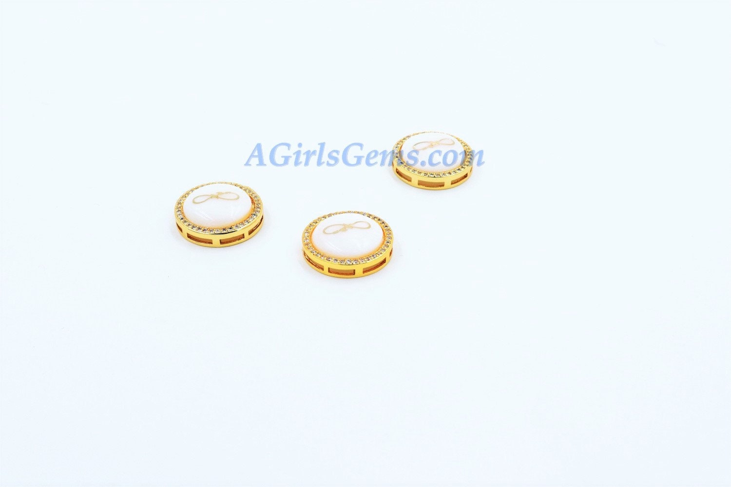 CZ Micro Pave, Infinity Shell Gold Gilding Mother of Pearl #54, Figure 8 Gilded Round Connectors
