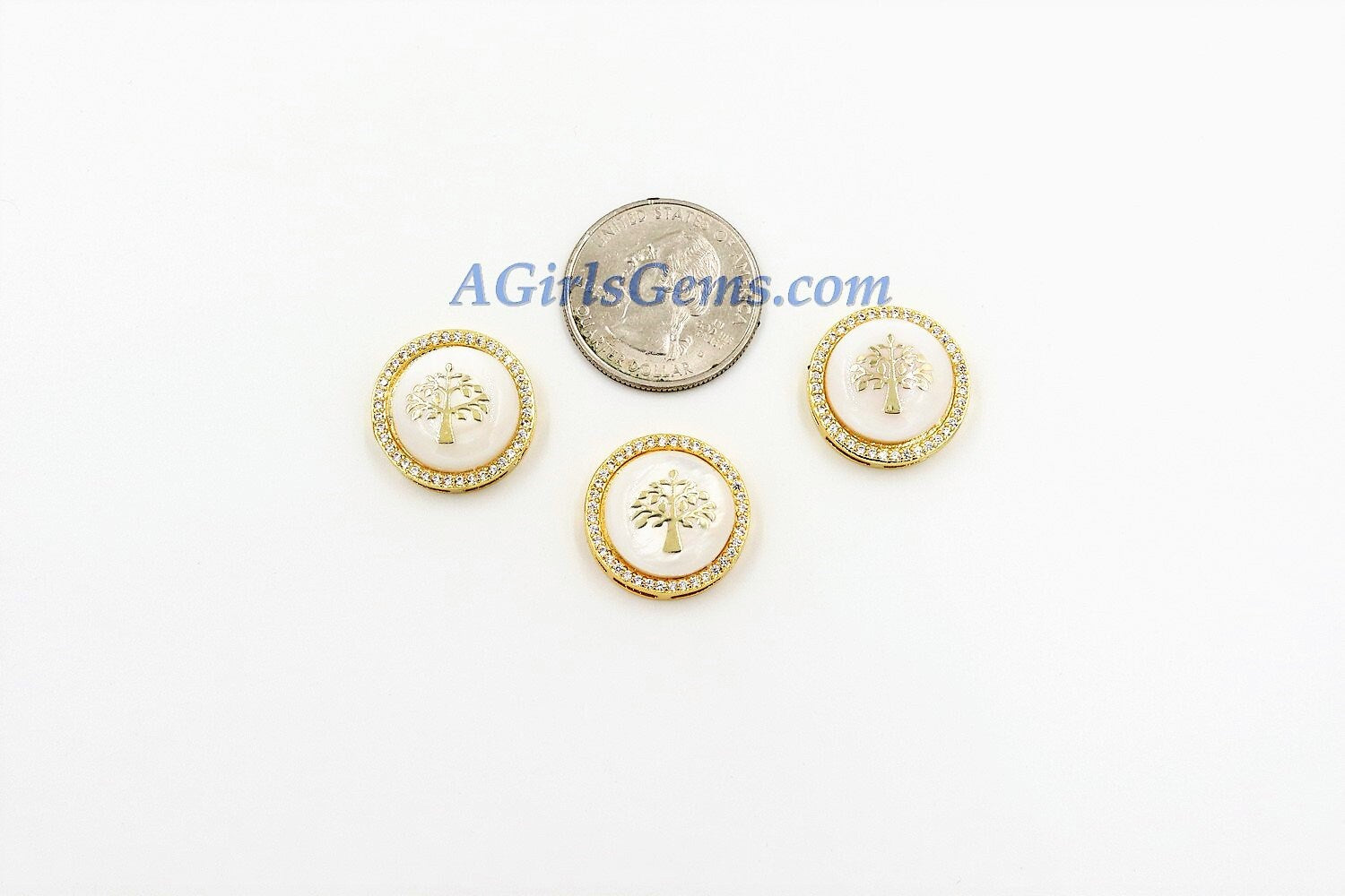 CZ Micro Pave Tree of Life Shell Gold Gilding Mother of Pearl #54, Gold Gilded Round Connectors, Family Necklace/Bracelet/Tassel Charms