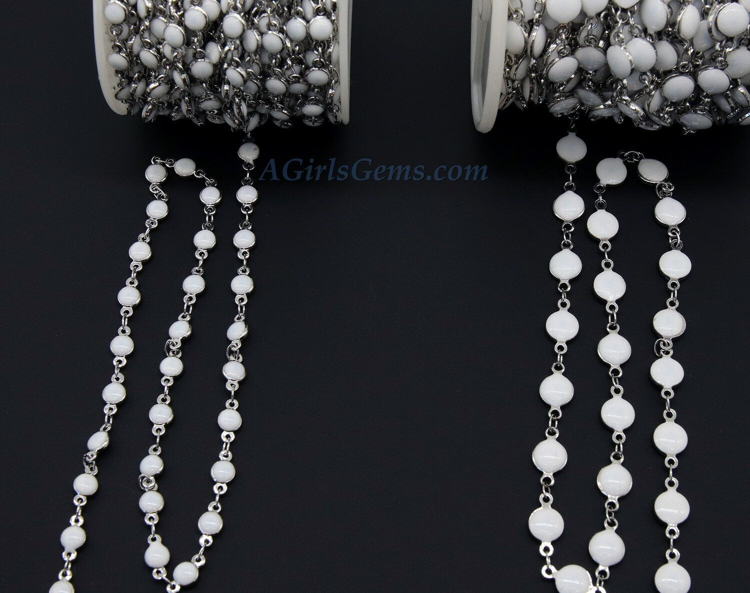 White Shell Rosary Chain, Silver Beaded Rosary Chain CH #236, Flat Beads in 4 mm or 6 mm