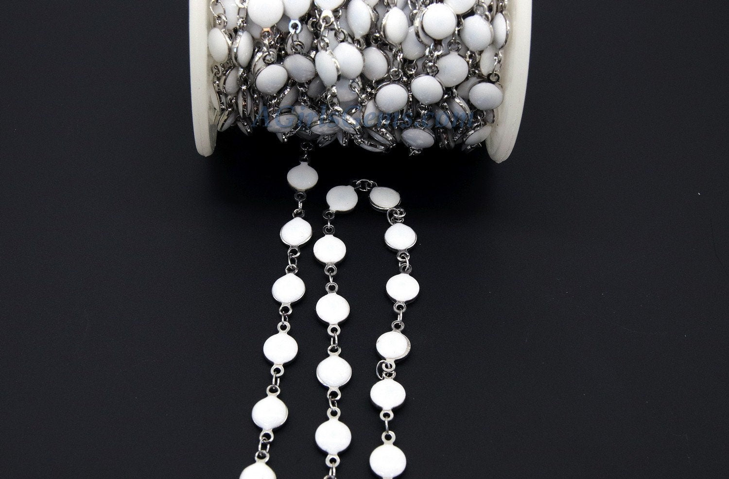White Shell Rosary Chain, Silver Beaded Rosary Chain CH #236, Flat Beads in 4 mm or 6 mm