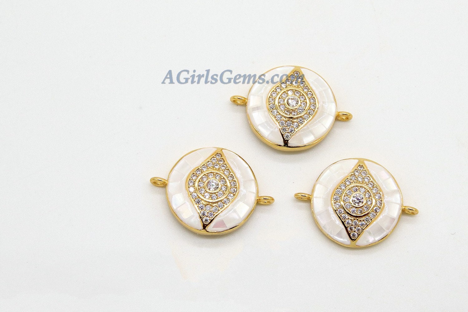 Evil Eye Connector, CZ Micro Pave Gold Shell White Evil Eye Protection Jewelry, Mother of Pearl Evil Eye Charms