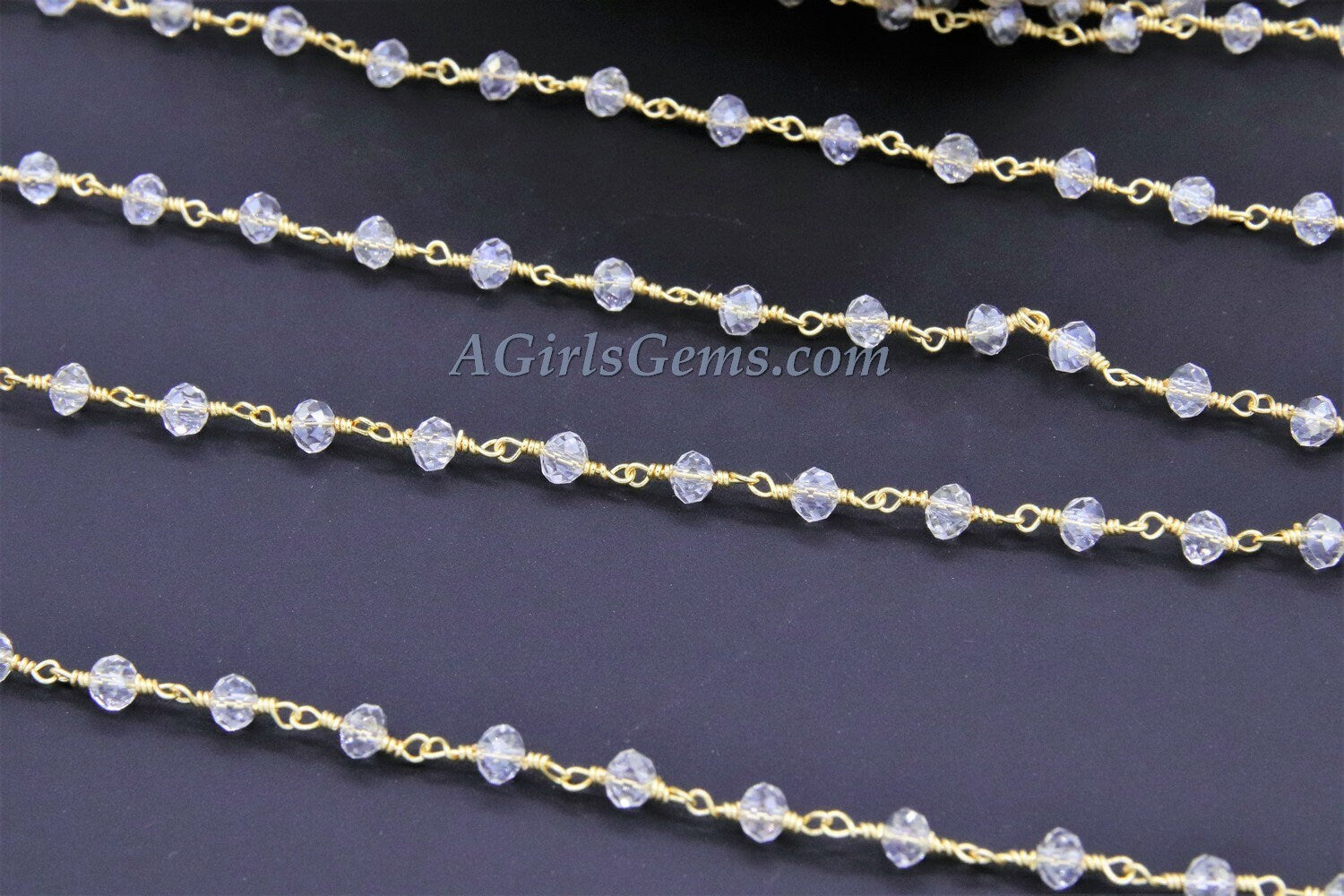 Clear Crystal AB Rosary Chain, 4 mm Mystic AB Crystal CH #329, Gold Plated Wire Wrapped Chains