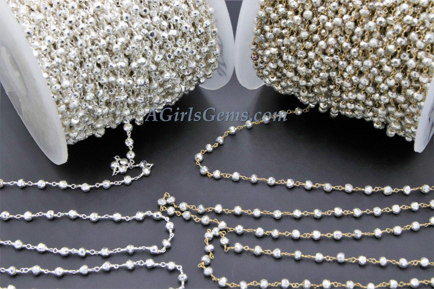 Silver Pyrite Beaded Rosary Chain, 4 mm Natural Faceted Rondelle Beads CH #506, Quality Wire Wrapped Chains
