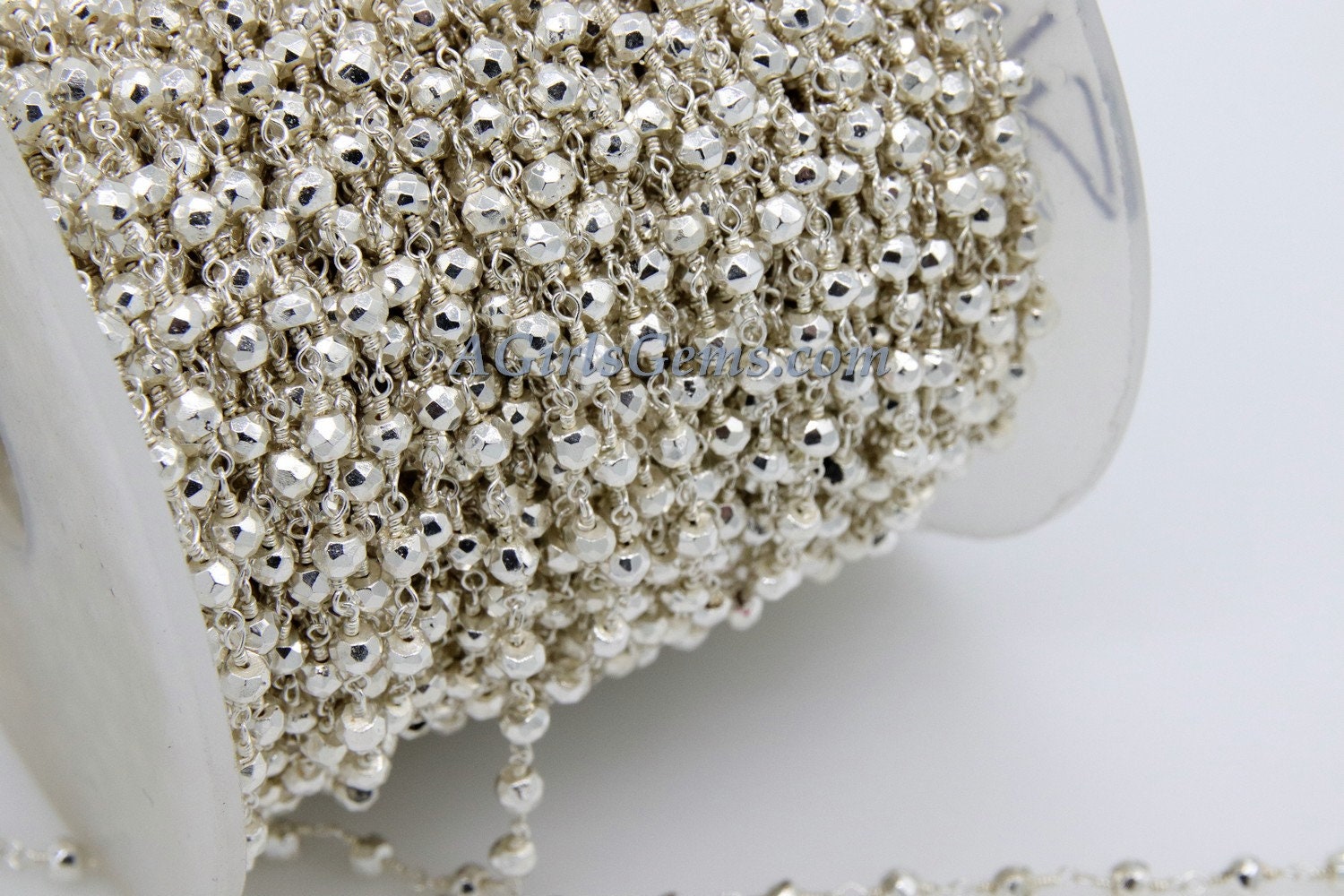 Silver Pyrite Beaded Rosary Chain, 4 mm Natural Faceted Rondelle Beads CH #506, Quality Wire Wrapped Chains