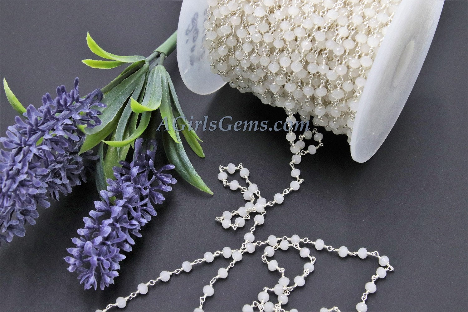 White Rosary Chain, Silver Plated White Chalcedony AB Mystic CH #432, 4 mm Wire Wrapped