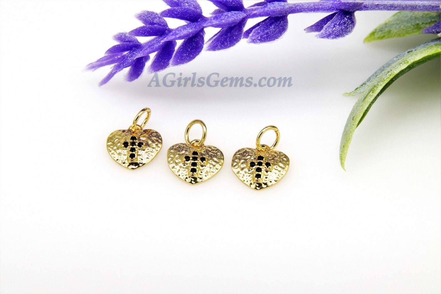 Heart Charms, CZ Micro Black Pave Gold Heart Cross Charms, 18 K Gold Plated Hammered/Textured Pendants 9 x 9 mm