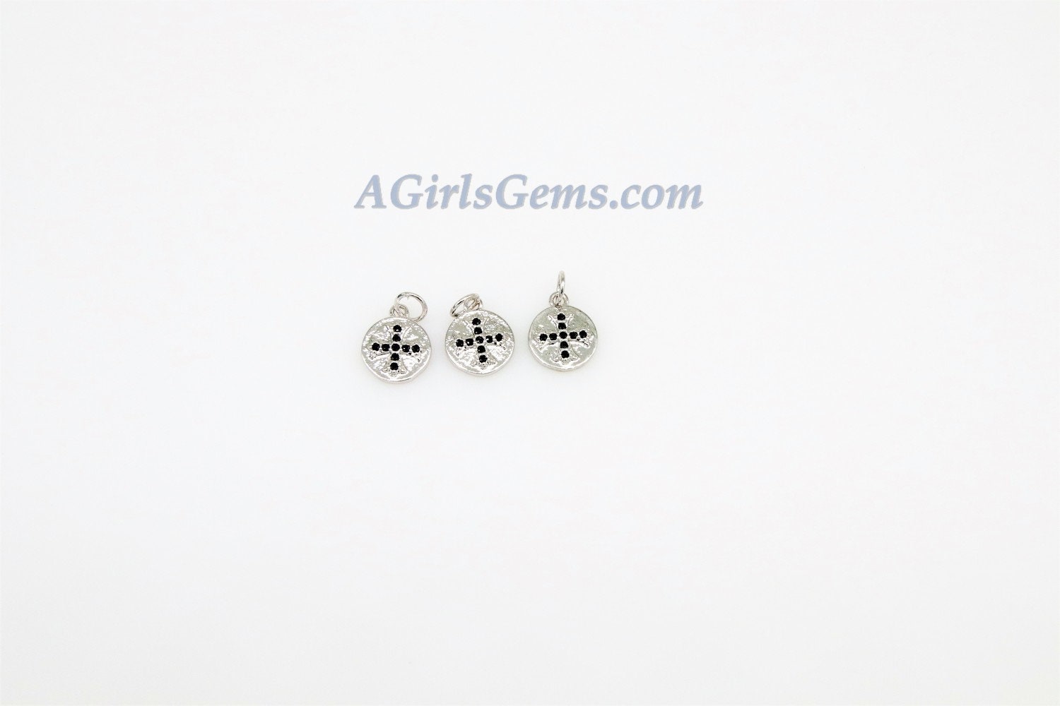 Maltese Cross Charms, CZ Micro Black Pave Beads #61, Silver Round Disc Hammered