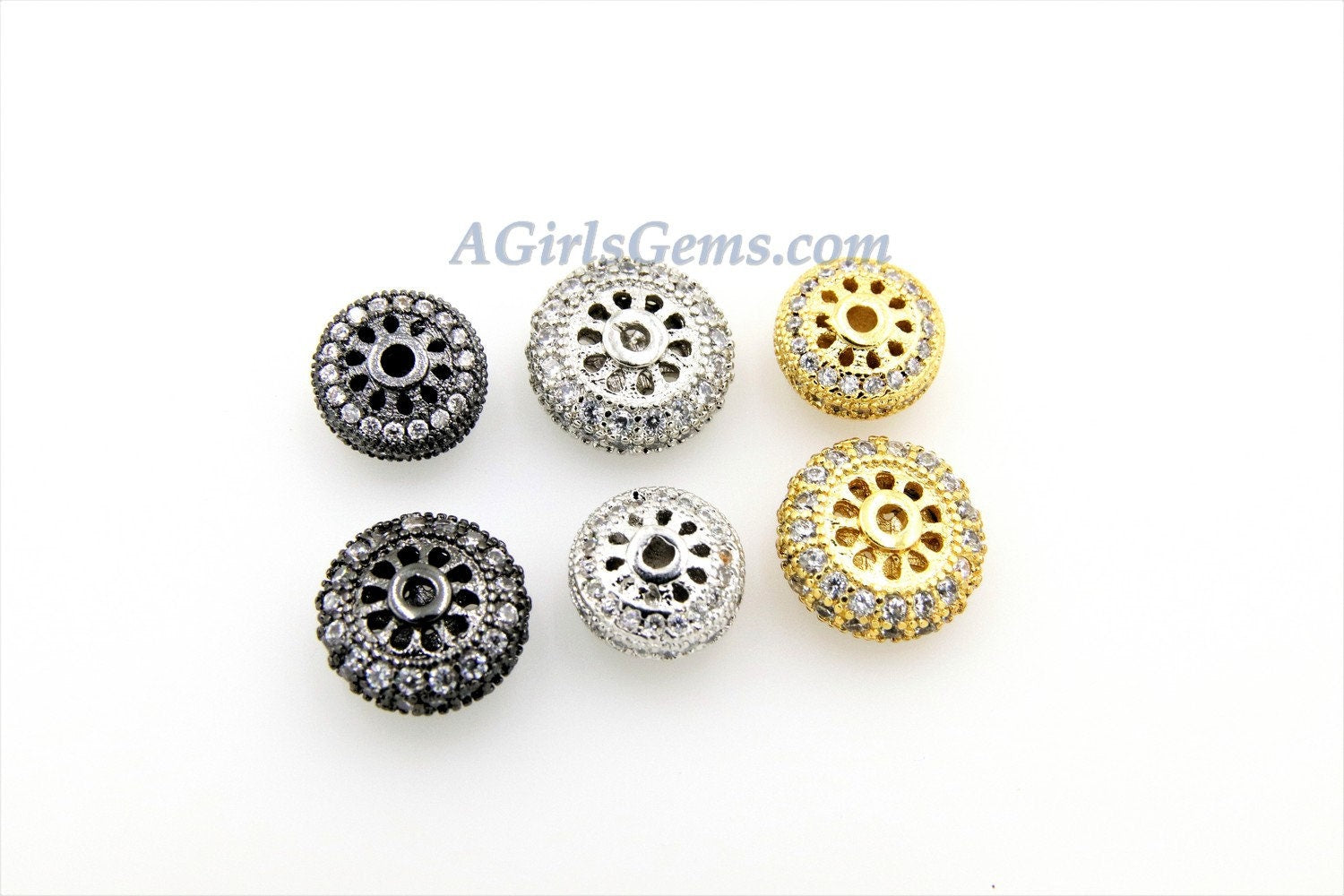 Round Donut Beads, 2 Pcs CZ Micro Pave Flat Donut 8 mm Bead, Gold