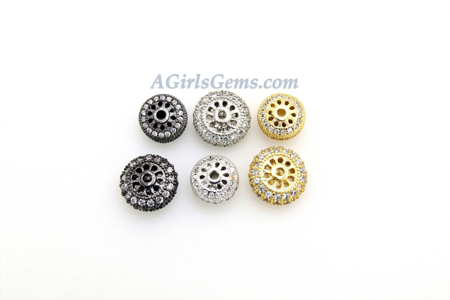 Round Donut Beads, 2 Pcs CZ Micro Pave Flat Donut 8 mm Bead, Gold