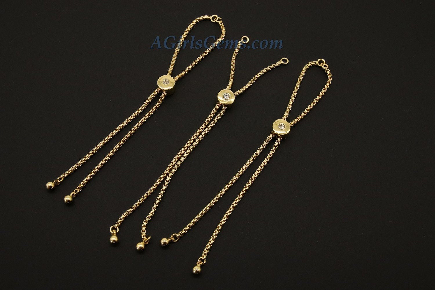 Adjustable Half Finish Bracelet, 4 Pcs Bolo Box Chain Bracelets with *CZ Two Hole* Slider Bead, 18 K Gold Plated Slider Bead Bulk/Crystals