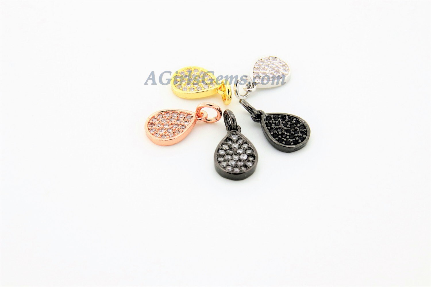 CZ Pave Oval Charms, Cubic Zircon Teardrop Dangles AG #197, Pear Drop Black Pave