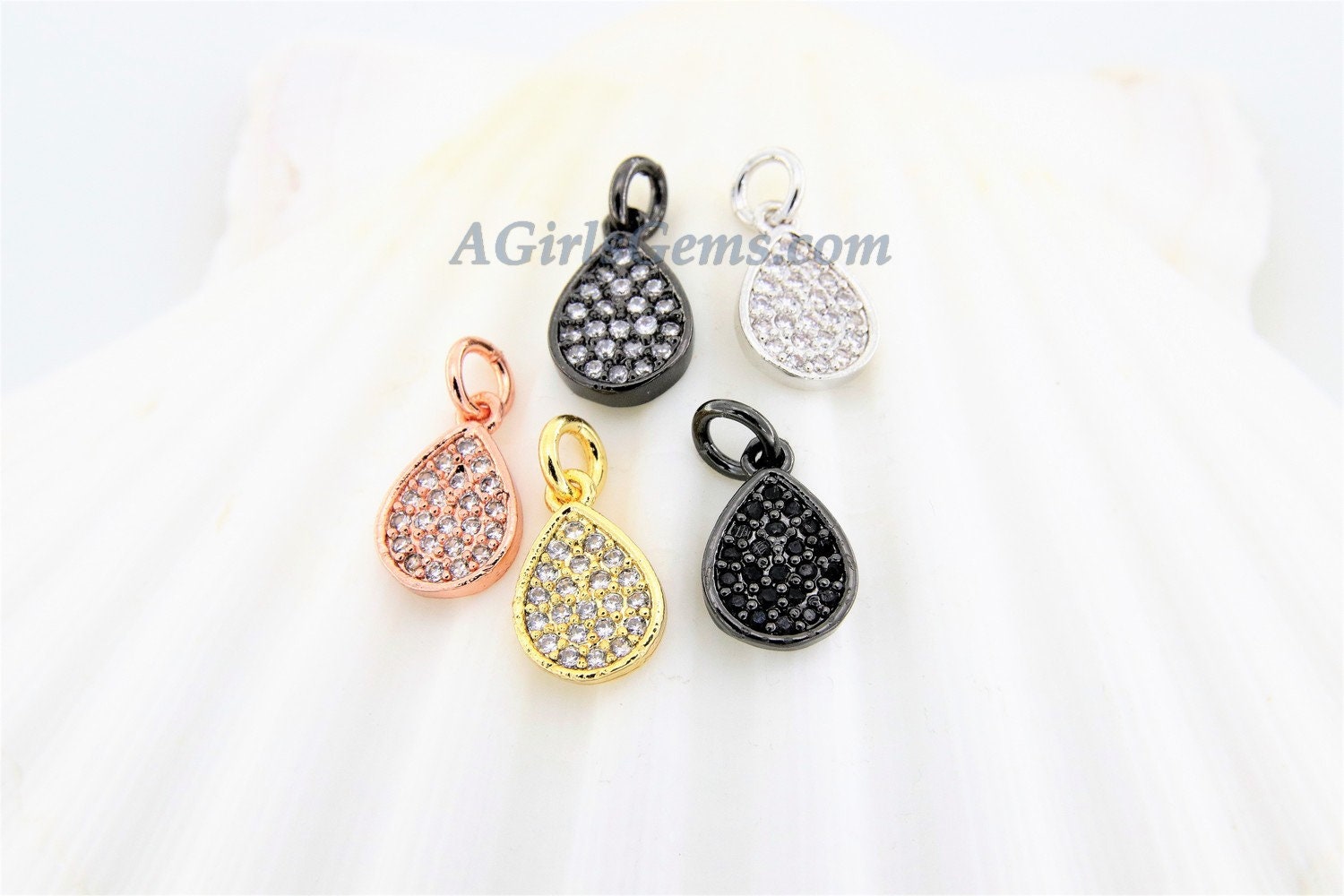 CZ Pave Oval Charms, Cubic Zircon Teardrop Dangles AG #197, Pear Drop Black Pave