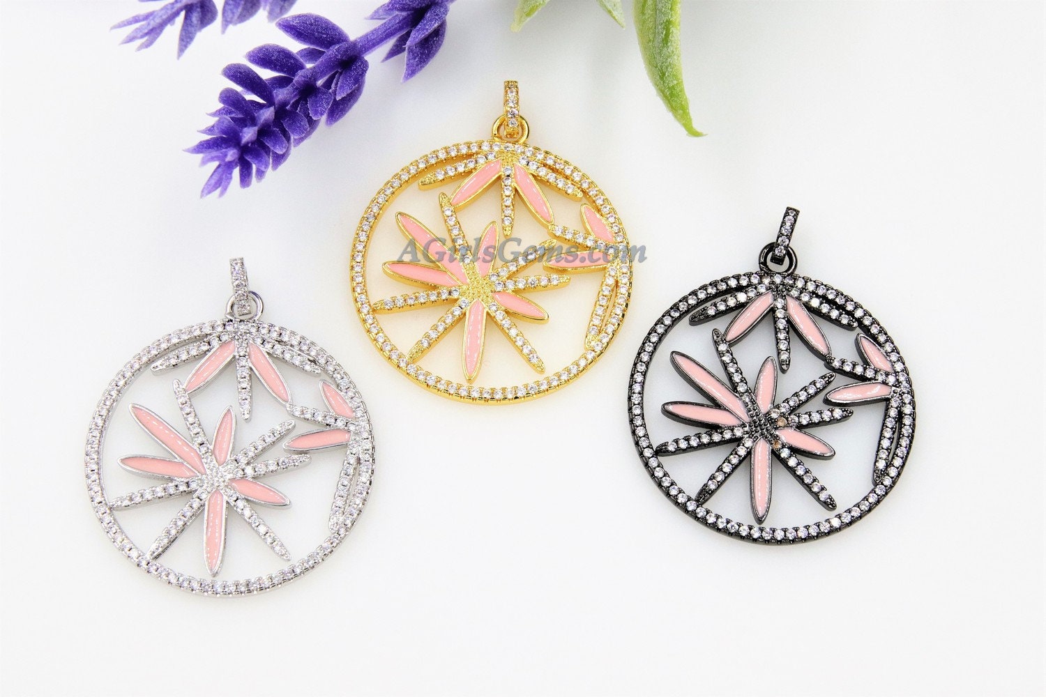 Pink Enamel Flower Pendant, CZ Micro Pave Round Disc MultiColor Pink/Black/Silver/Gold Large Charm Pendants - 46 x 50 mm Marijuana Starburst