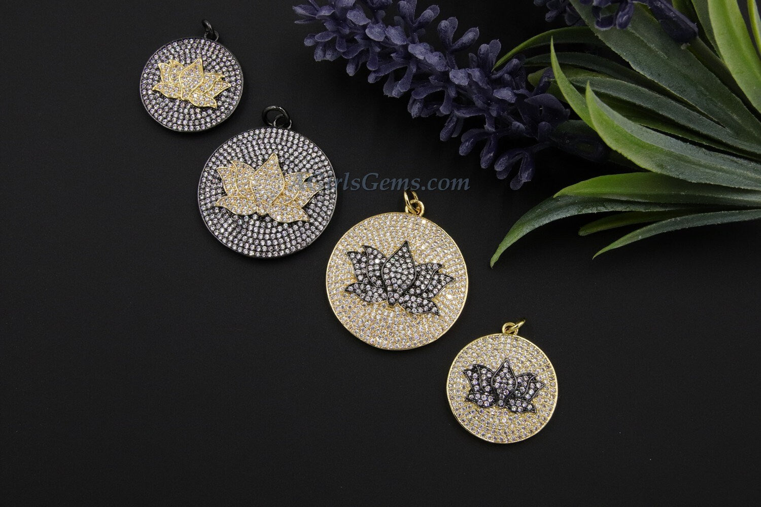 Lotus Flower Amulet Pendant, CZ Micro Pave Black and Gold Two Tone Round Succulent Flower Disc Pendants, Yoga Zen Healing Charms