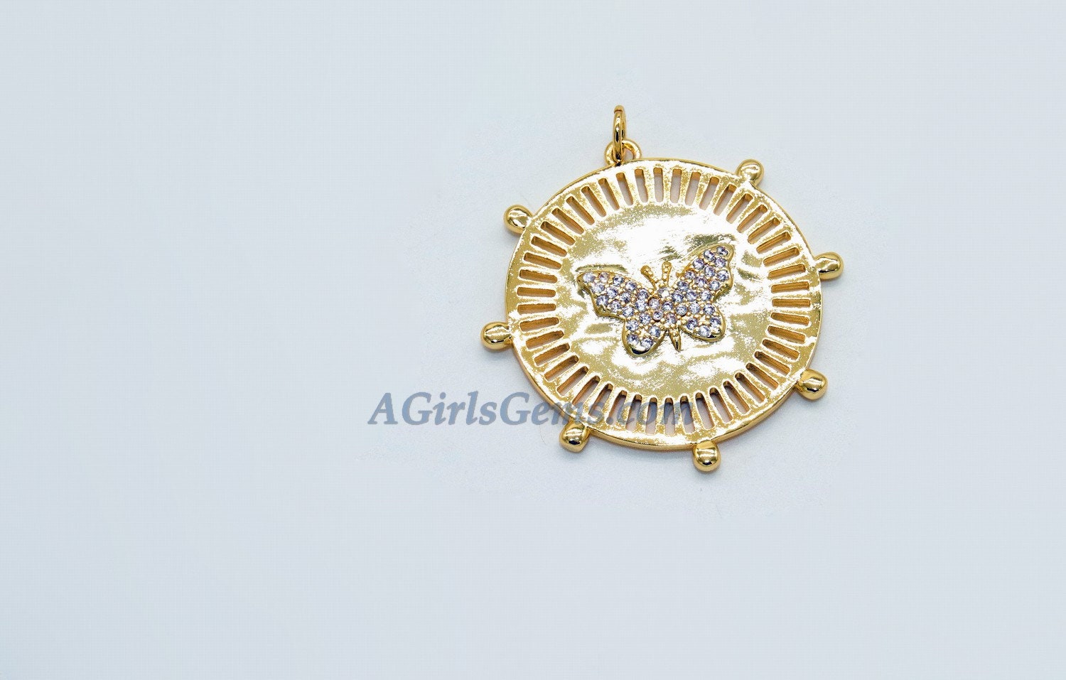 CZ Micro Pave Butterfly Pendant, Gold Plated Flying Butterflies Disc, Large Snake Disc Charm