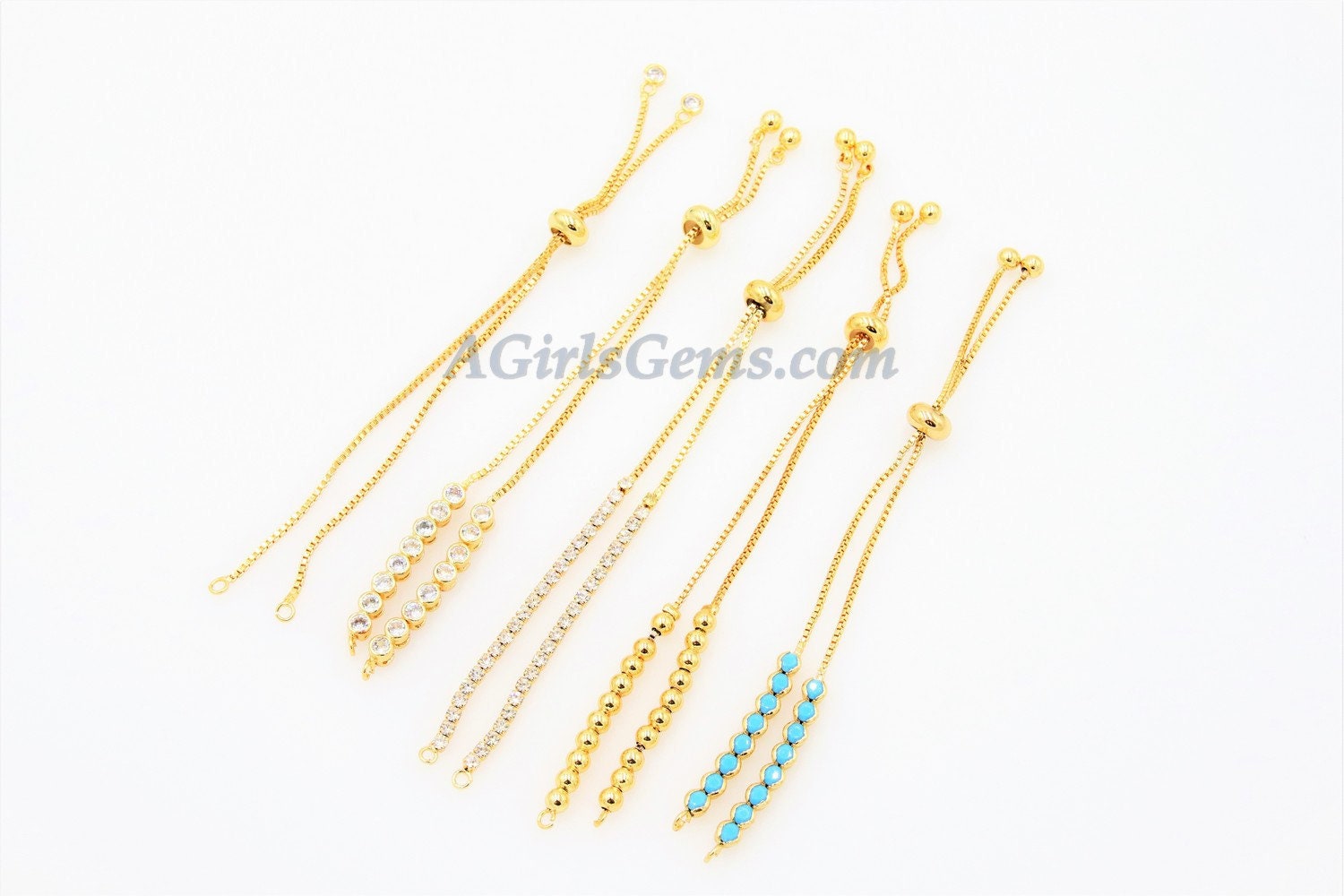 Gold Adjustable Half Bracelets, Unfinished Gold Plated Chain Beaded, CZ
