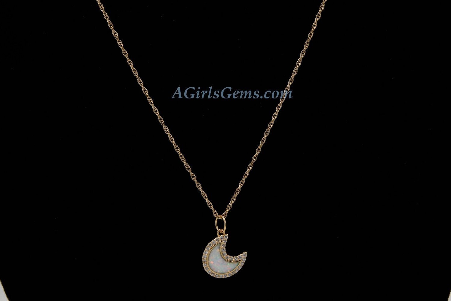 Crescent Moon Charm, CZ Pave Opal Moon 18 k Gold/Silver/Black Rhodium Plated Cubic Zirconia, White/Pink/Blue Lunar Moon Shell Opal Necklace