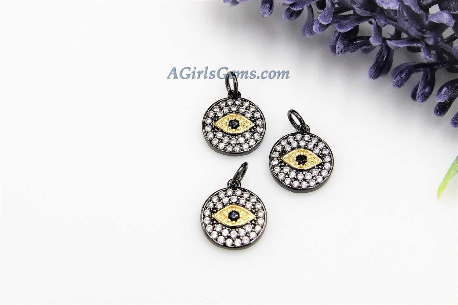 Evil Eye Charm, *NEW* Black and Gold CZ Micro Pave Small Round Disc Charm, 13 x 16 mm Mini Evil Eye for Bracelet Charms