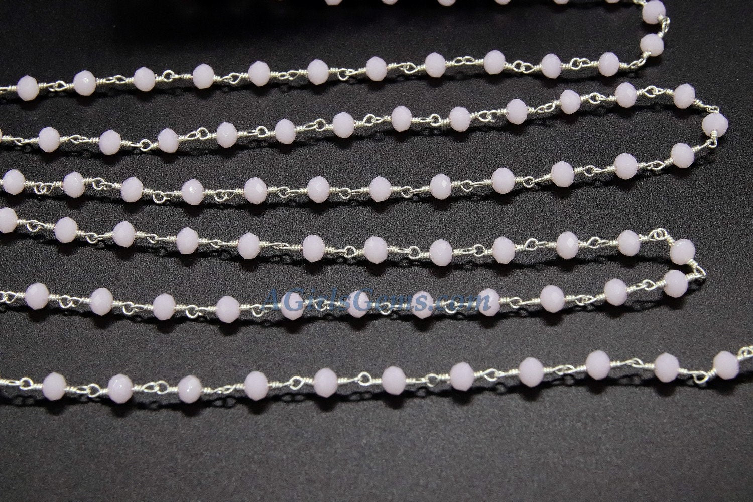 Pink Rosary Chain, 4 mm Pink Chalcedony Crystal Bead CH #435, Rondelle Beaded Chain