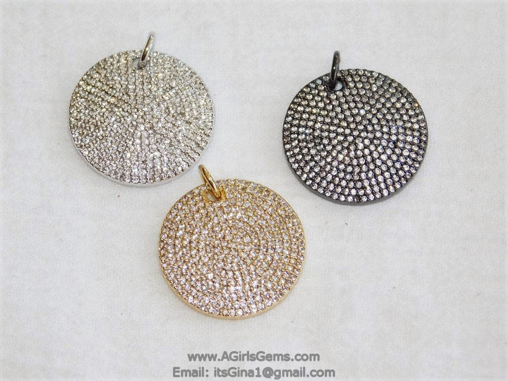 Large Round Disc Pendant, CZ Pave Cubic Zirconia Charms, AG 35
