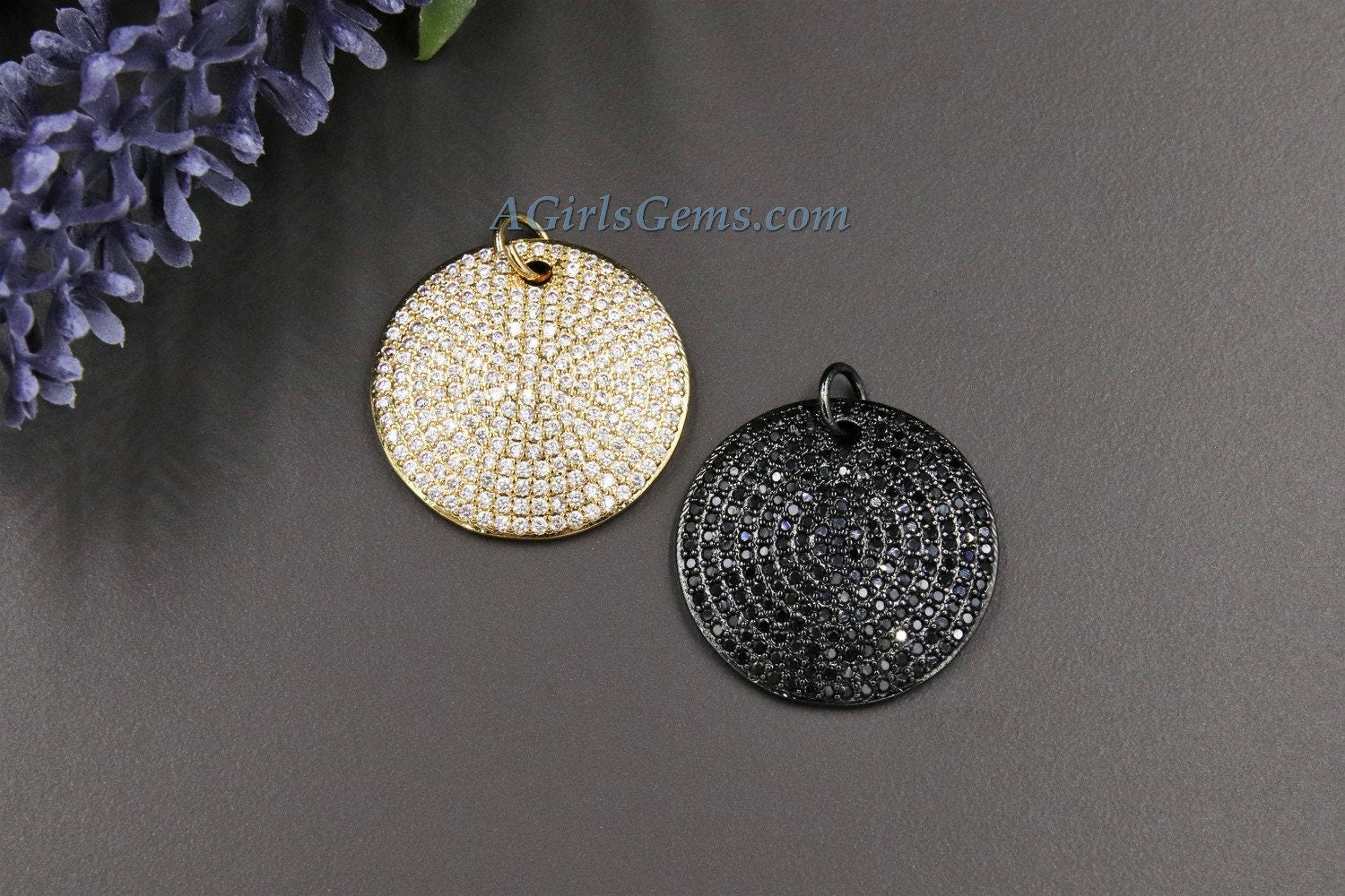 Large Round Disc Pendant, AG 159, CZ Micro Pave 28 mm Gold or Black Rhodium