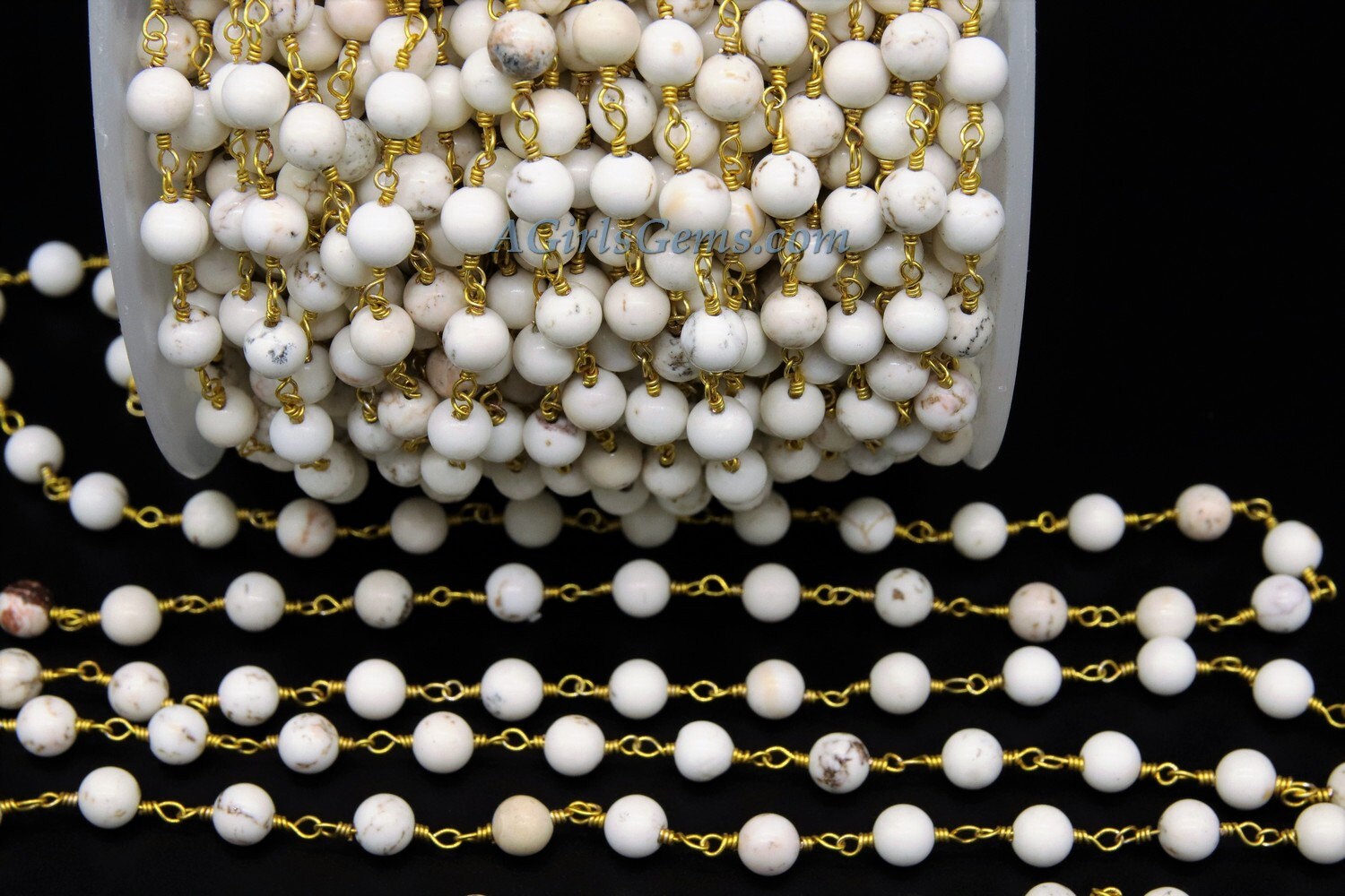 Turquoise Rosary Chain, 8 mm Natural White Turquoise Rosary Chain CH #370, 6 mm Gold Wire Wrapped