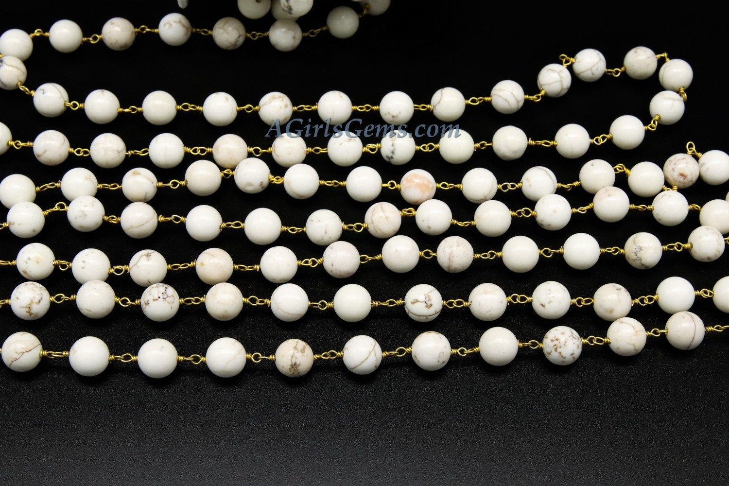 Turquoise Rosary Chain, 8 mm Natural White Turquoise Rosary Chain CH #370, 6 mm Gold Wire Wrapped