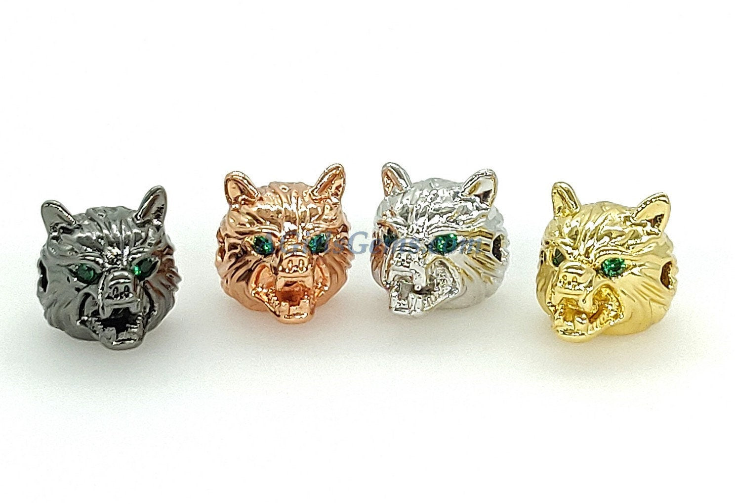 CZ Micro Pave Wolf Head Bead Spacers, Men's Animal Charm Beads, Black/Silver/Gold/Rose