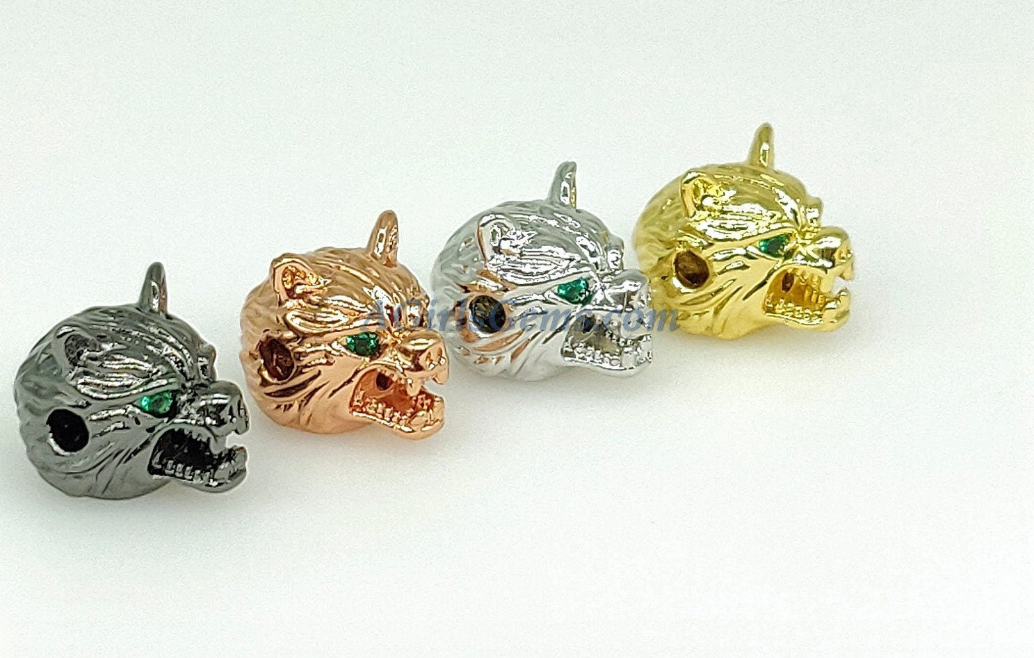 CZ Micro Pave Wolf Head Bead Spacers, Men's Animal Charm Beads, Black/Silver/Gold/Rose