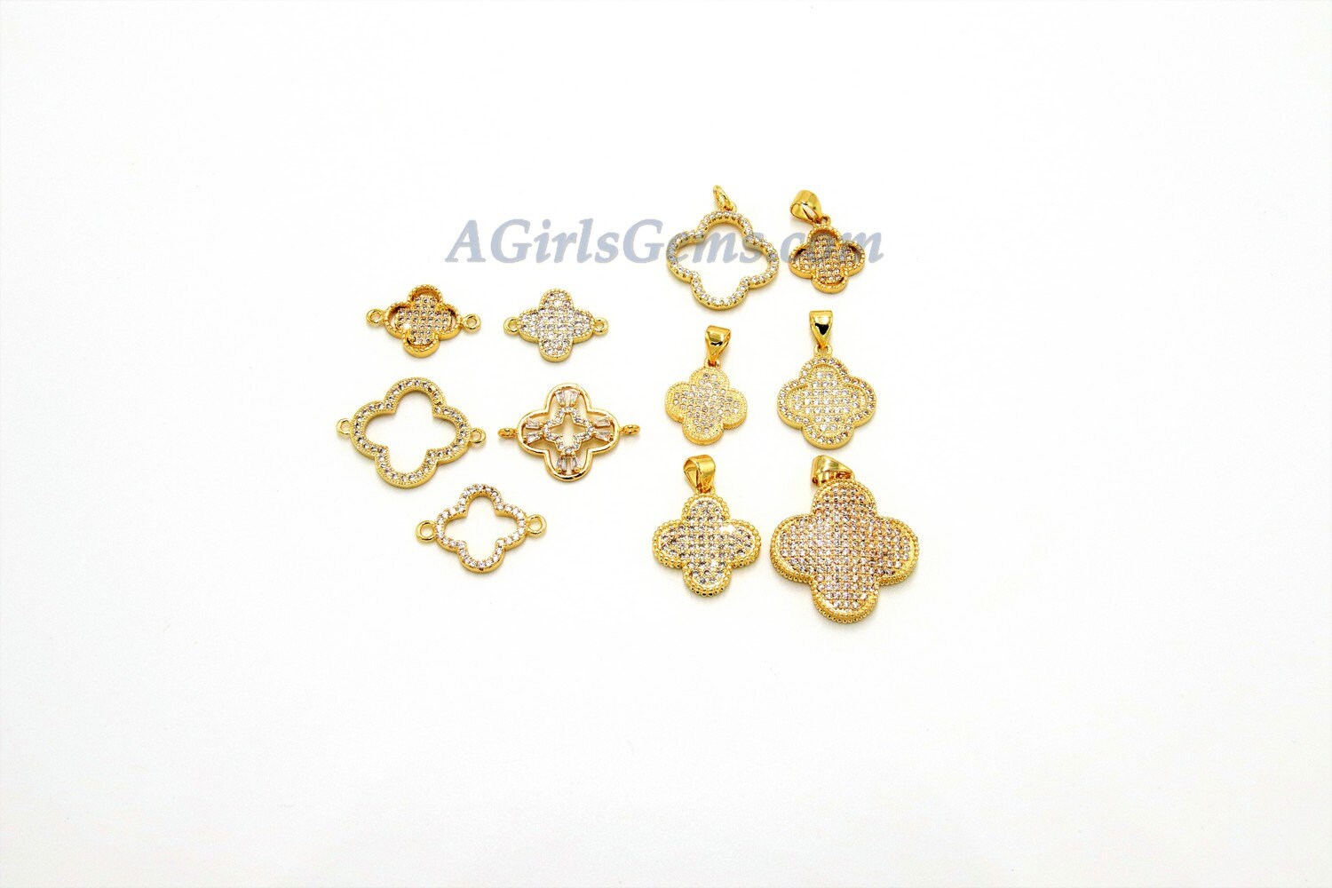 CZ Micro Pave Clover Connector Charm, 18 K Rose/Silver/Gold/Black Rhodium Plated, 10 x 15 mm Tiny Quatrefoil Cubic Zirconia Connectors