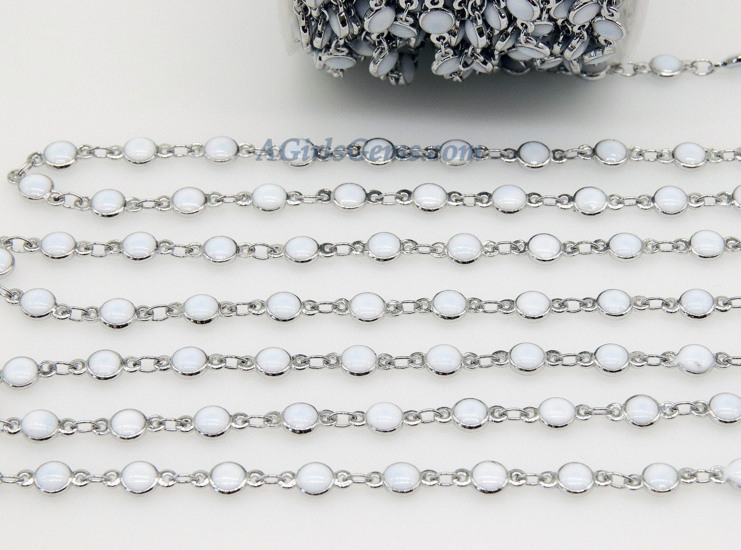 White Shell Rosary Chain, Silver Beaded Rosary Chain CH #236, Flat Beads in 4 mm or 6 mm