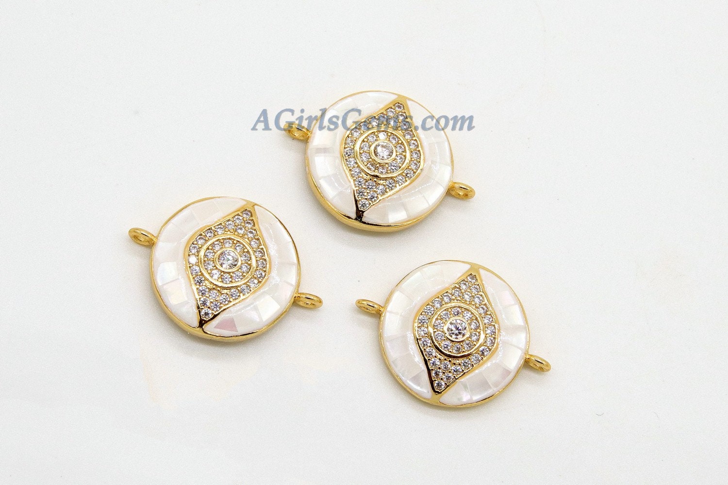 Evil Eye Connector, CZ Micro Pave Gold Shell White Evil Eye Protection Jewelry, Mother of Pearl Evil Eye Charms