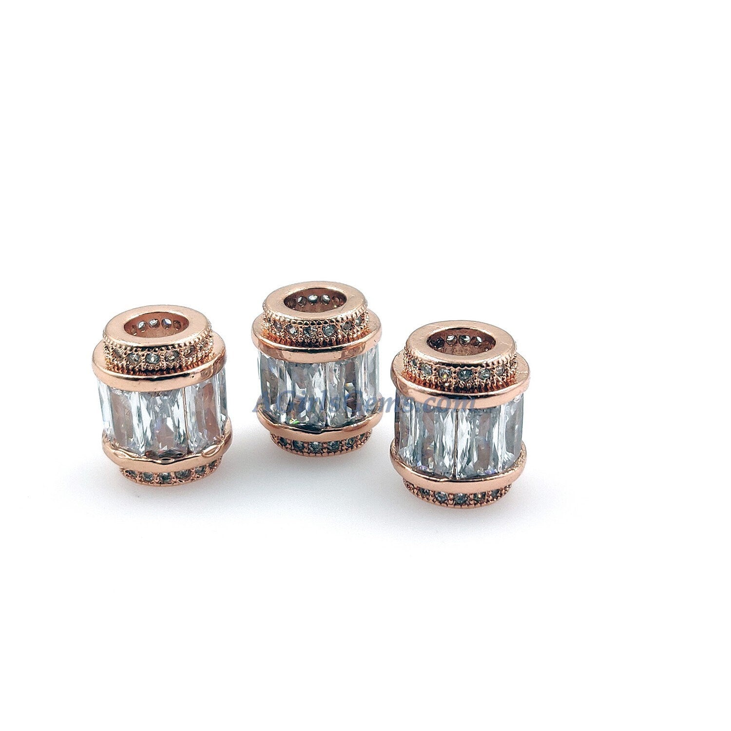 Rose Gold Tube Beads, Silver CZ Micro Large Hole Beads, 10 x 12 mm Gold Drum #454