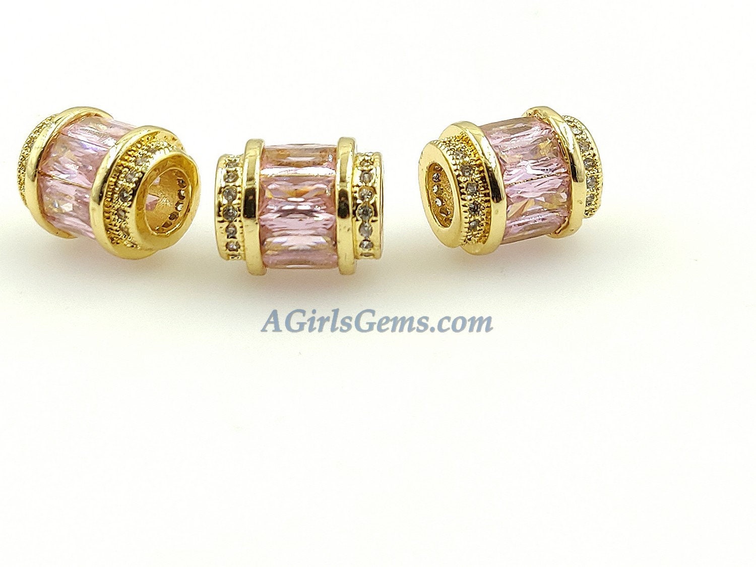 Pink Beads, CZ Micro Pave Silver Tube Beads, Large Hole Beads 10 x 12 mm