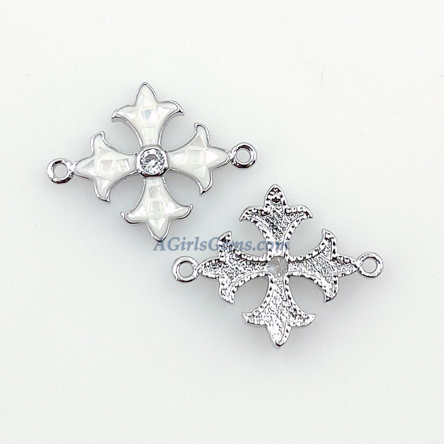 Maltese Cross Connector, CZ Micro Pave Silver Plated White Shell New Coptic Cross Centers, Crusader Jewelry Links