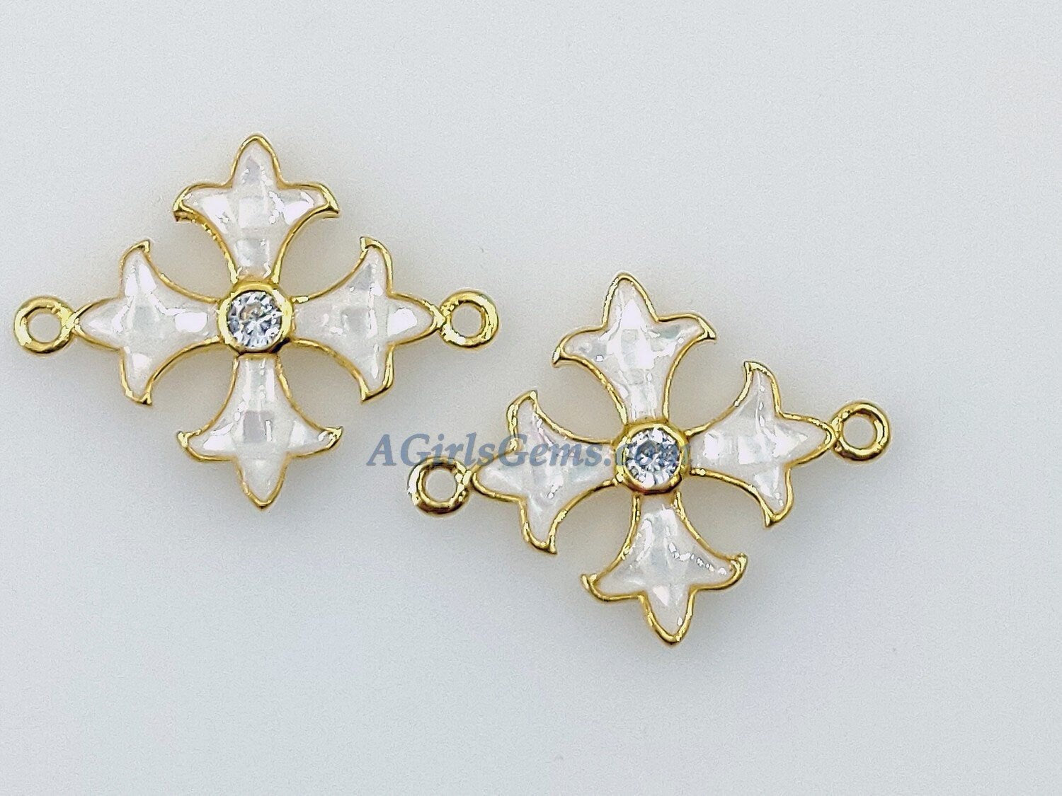 Crusader Cross Connectors, CZ Micro Pave Gold Plated White Shell #417, Maltese Cross Link