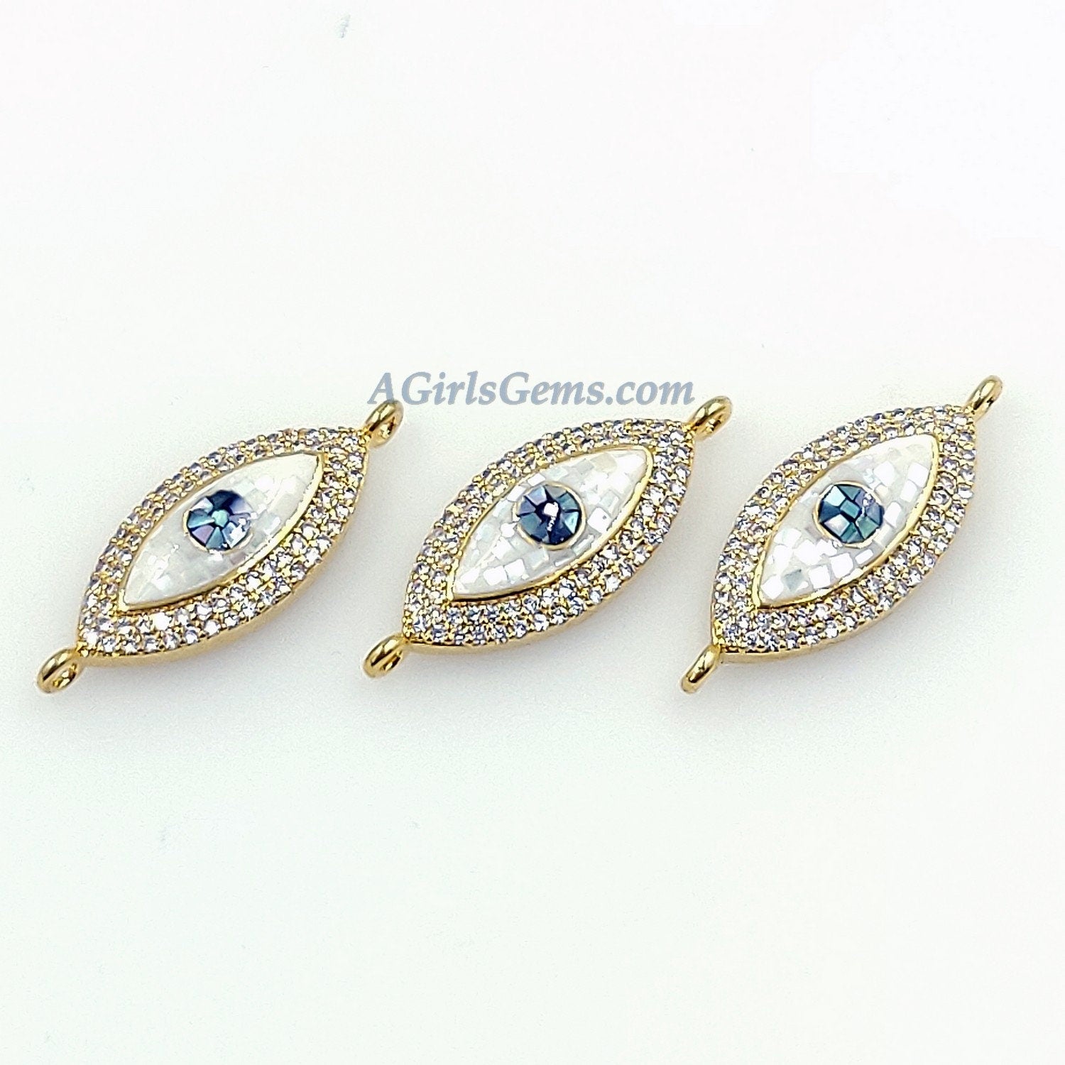 Evil Eye Connector, CZ Micro Pave Gold Shell White Evil Eye Protection Jewelry, Mother of Pearl Evil Eye Charms