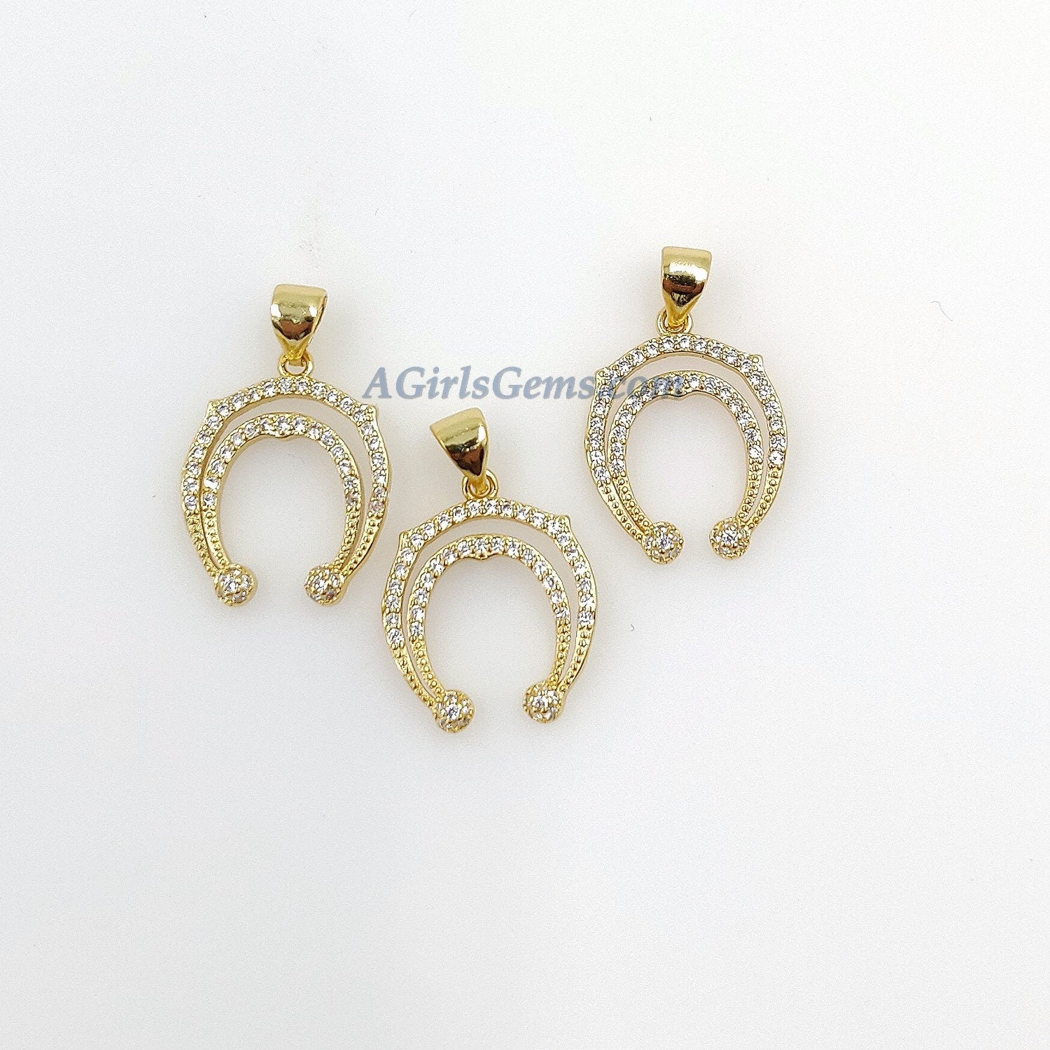 Crescent Moon Charms, CZ Micro Pave Double Horn, Gold