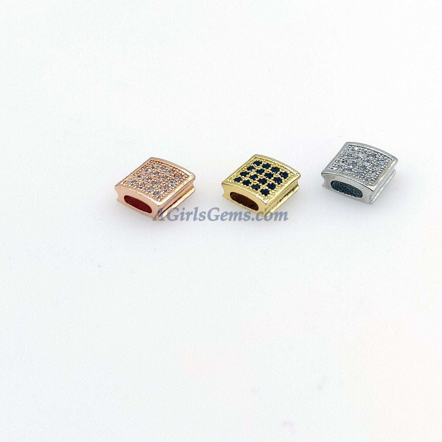CZ Micro Pave Bead Cube Beads, Flat Square Beads, Rose Gold/Gold/Silver Big Hole Spacers