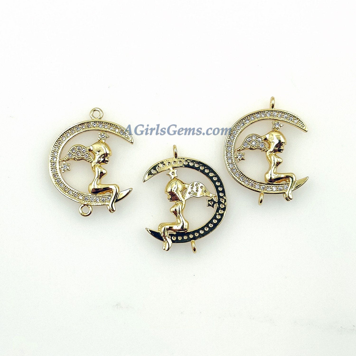 CZ Micro Pave Angel Wings Connector, Crescent Moon Linking Charms, 18 K Gold Plated