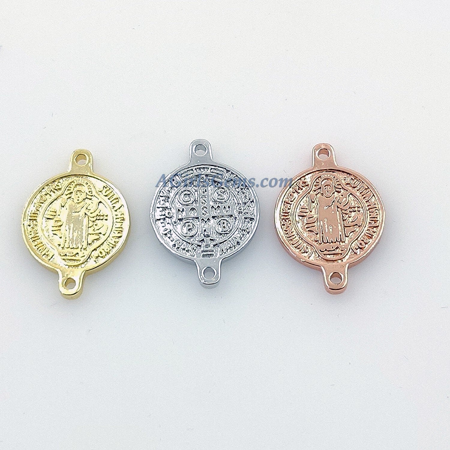 St. Benedict Medal Connectors, 3 Pcs Cross Rosary Centers, 18 K Gold Plated Cross Links; 15 x 21 mm