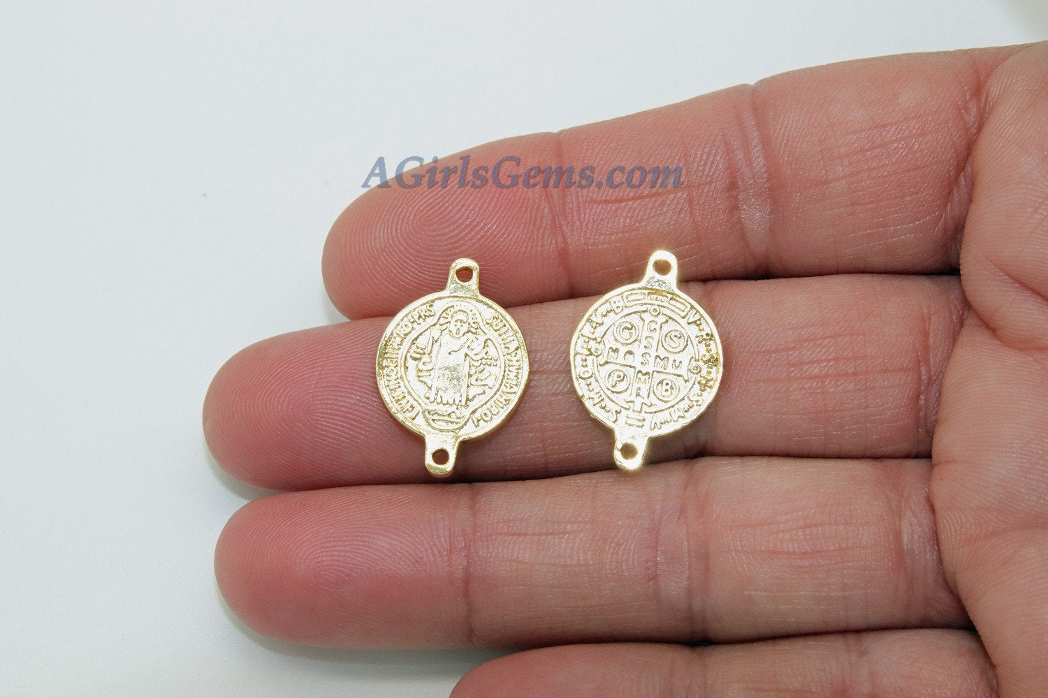 St. Benedict Medal Connectors, 3 Pcs Cross Rosary Centers, 18 K Gold Plated Cross Links; 15 x 21 mm