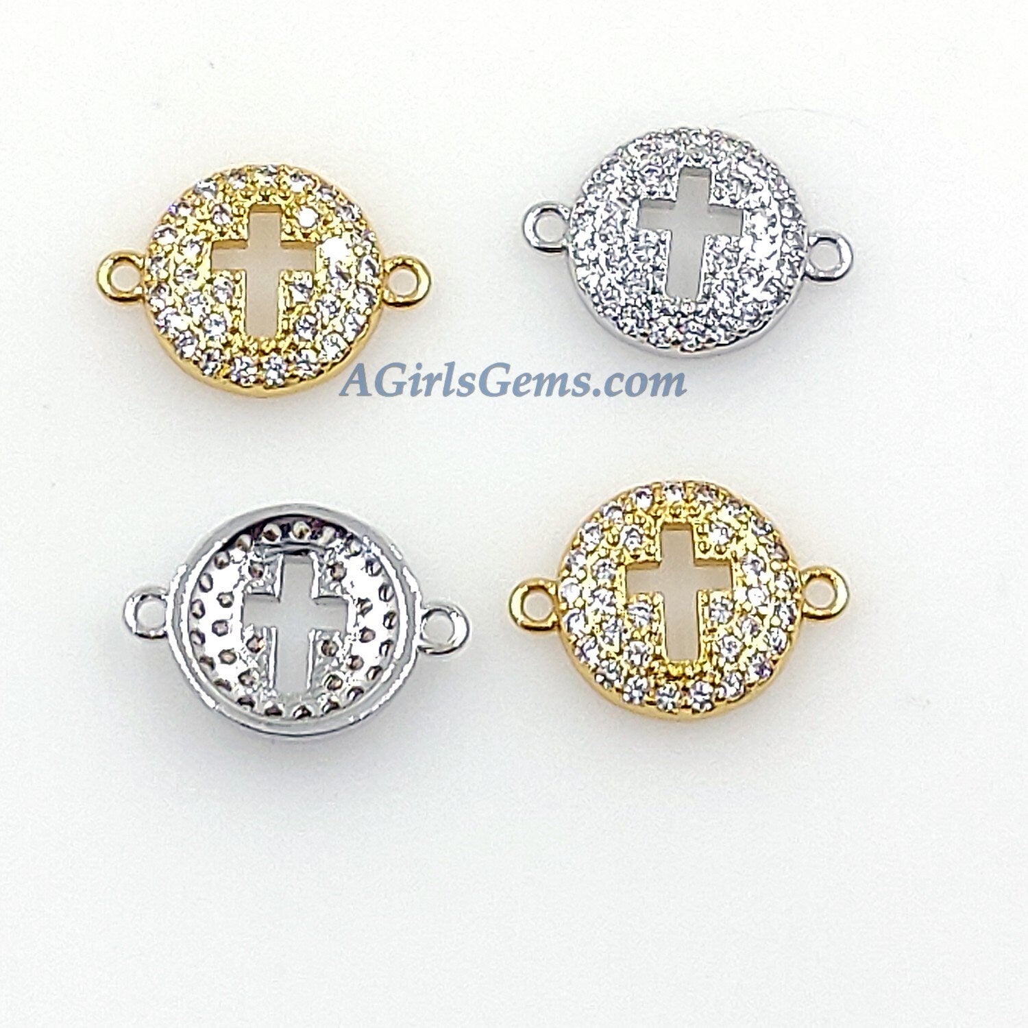 CZ Micro Pave Cross Connector Beads, 11 x 16 mm Cubic Zirconia Spacer Links Focal, Gold or Silver Plated Charm