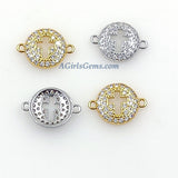 CZ Micro Pave Cross Connector Beads, 11 x 16 mm Cubic Zirconia Spacer Links Focal, Gold or Silver Plated Charm