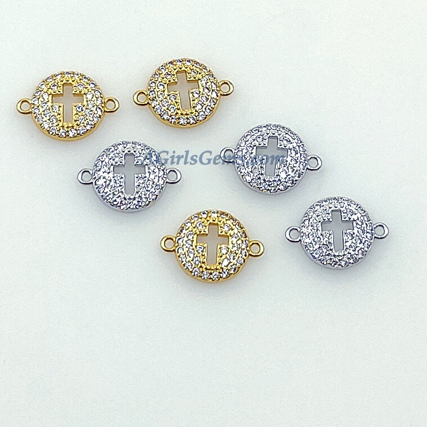 CZ Micro Pave Cross Connector Beads, 11 x 16 mm Cubic Zirconia Spacer Links Focal, Gold or Silver Plated Charm
