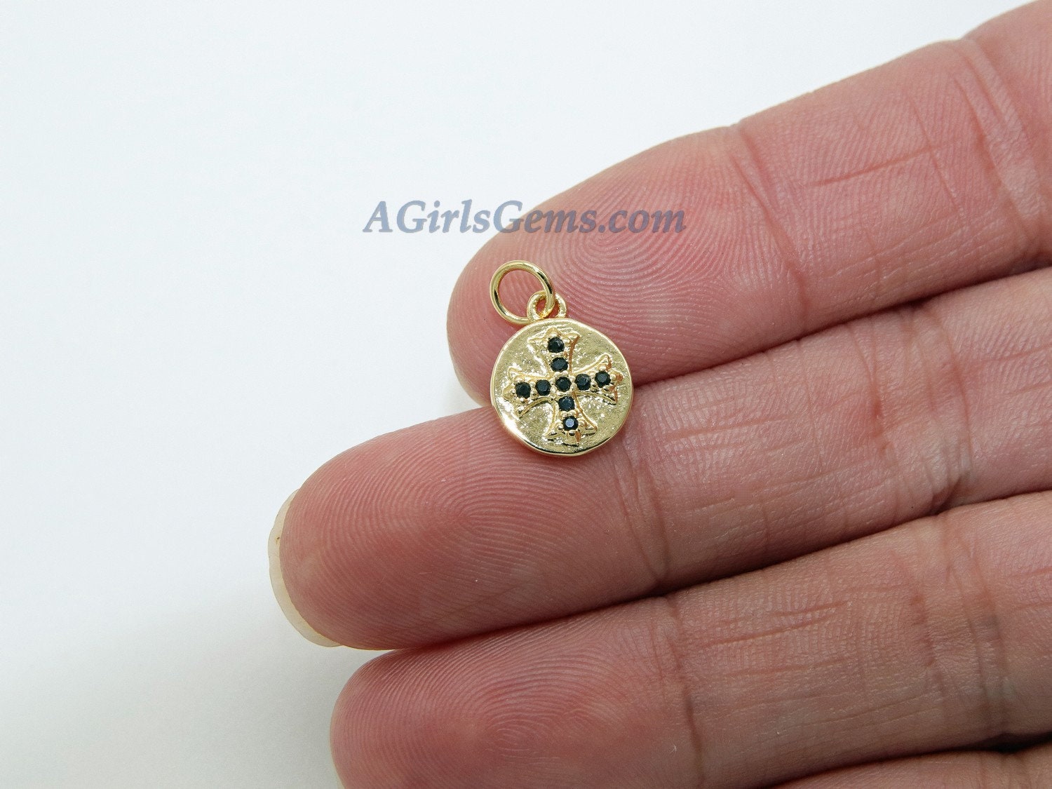 Maltese Cross Charms, CZ Micro Black Pave Beads #61, Silver Round Disc Hammered