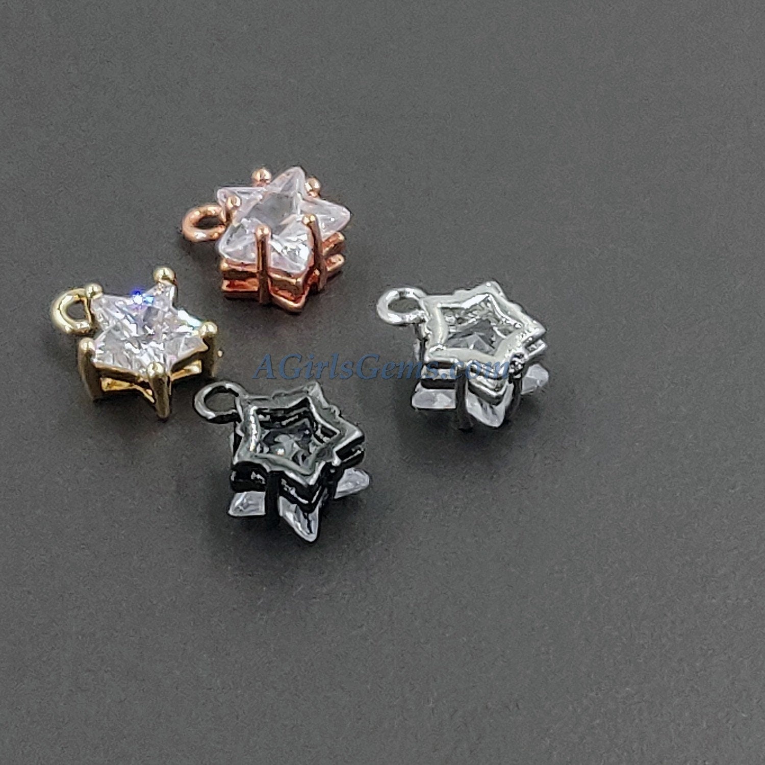 Star Charms CZ Solitaire - 3 Pcs - Tiny Star Dangles, 8 x 10 mm Cubic Zircons, Black/Silver/Rose/Gold Pave Crystal Earring Findings/Choker